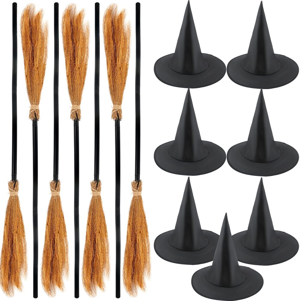 4199 7 Set Halloween Witch Broomstick and 7 Pcs Halloween Wizard Witch Hat